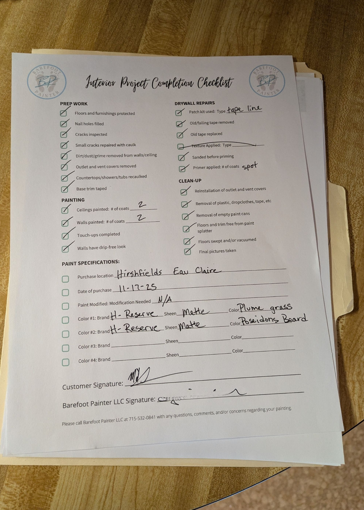 A completed interior project checklist from Barefoot Painter LLC, with sections for prep work, painting, drywall repairs, cleanup, and paint specifications, including handwritten details about location, date, paint brands, and customer signature.