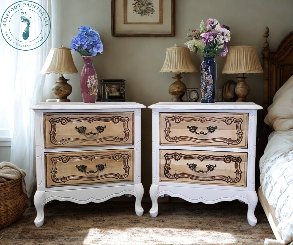 White and wood tone end tables made by staff of Barefoot Painter LLC and sold at The Barefoot Collection