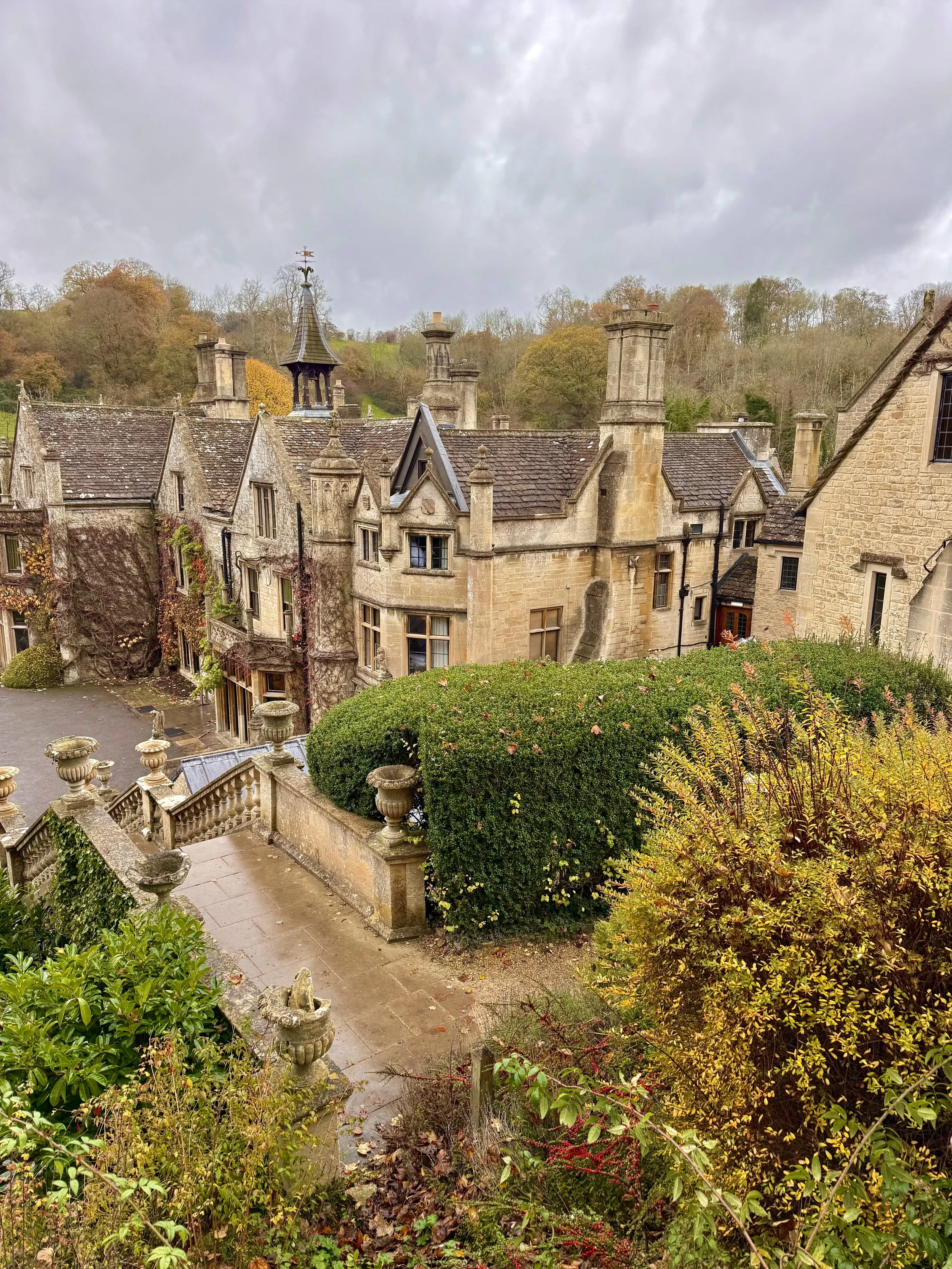 Rainy day at the Manor House in Castle Combe in the Cotswolds.
