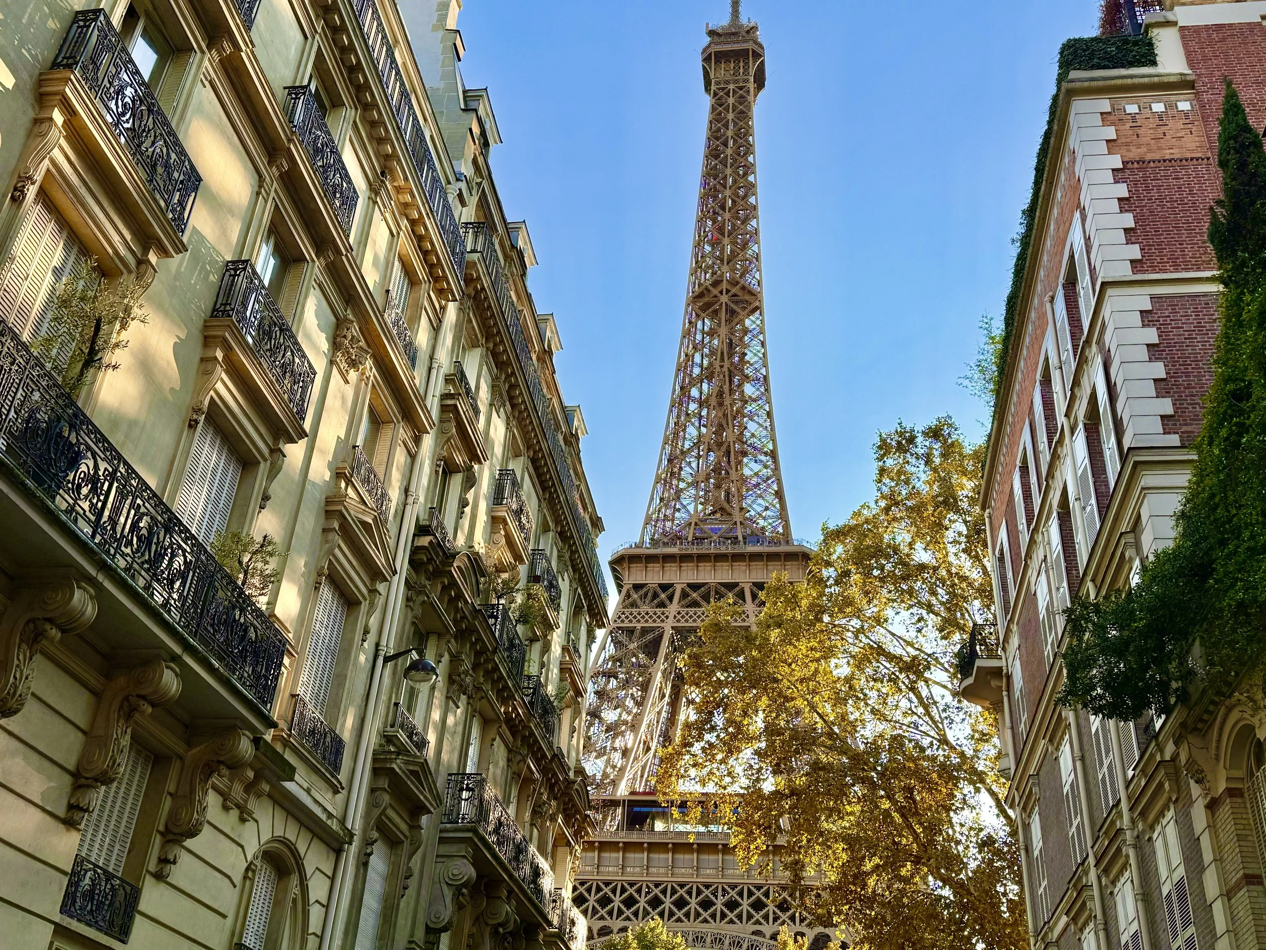 View of the Eiffel Tower from one of Paris's quaintest streets, with classic Parisian buildings and autumnal trees to frame the iconic tower.