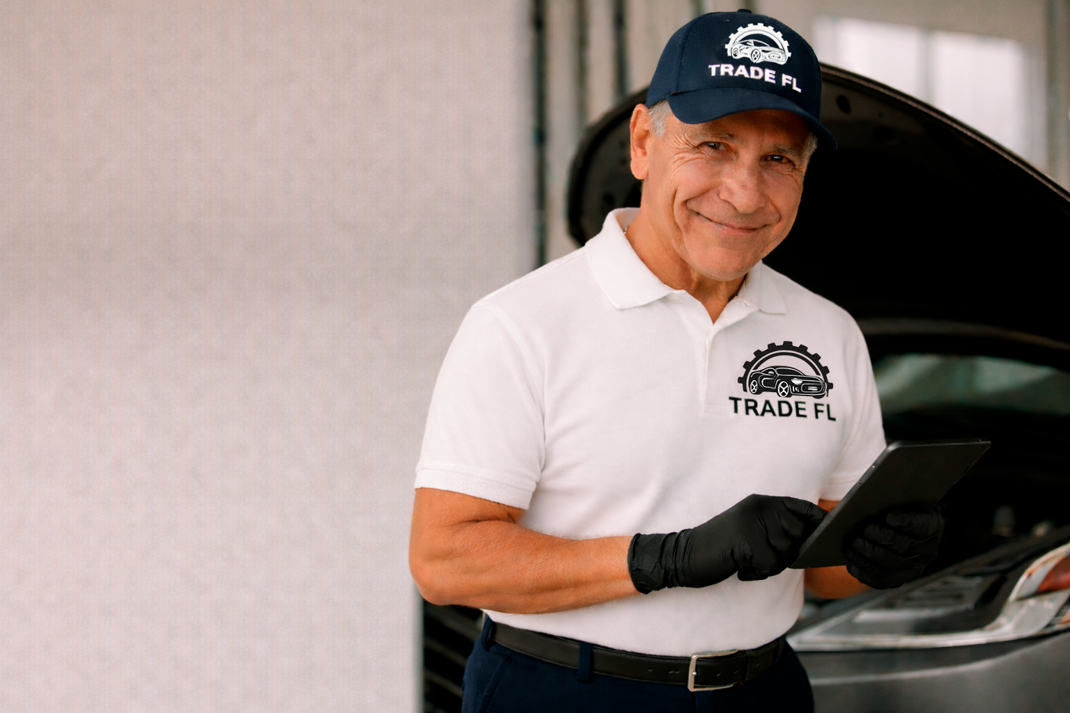 A smiling man in a white polo shirt and black gloves holding a tablet, standing in front of a car with its hood open. He wears a navy blue cap and a logo on his shirt and cap that says 'Trade FL' with a car and gear design.
