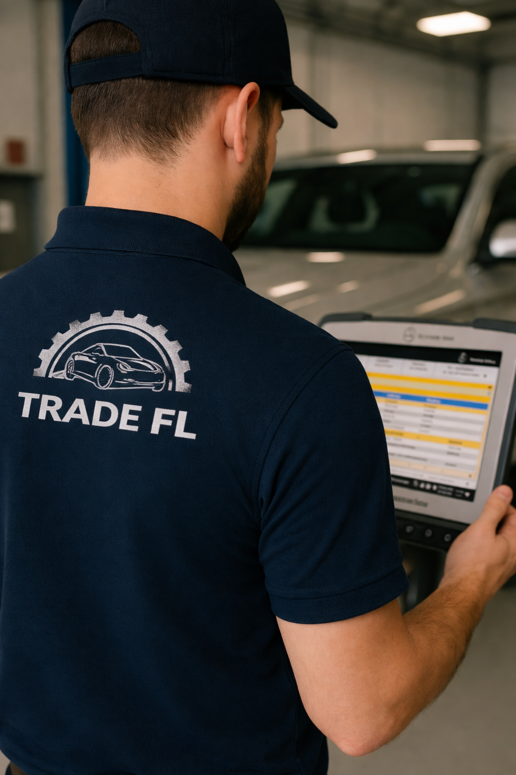 A mechanic in a navy blue uniform with the logo 'Trade FL' and a car graphic on her back, wearing a cap, inspecting a digital tablet while standing in a garage beside a vehicle.