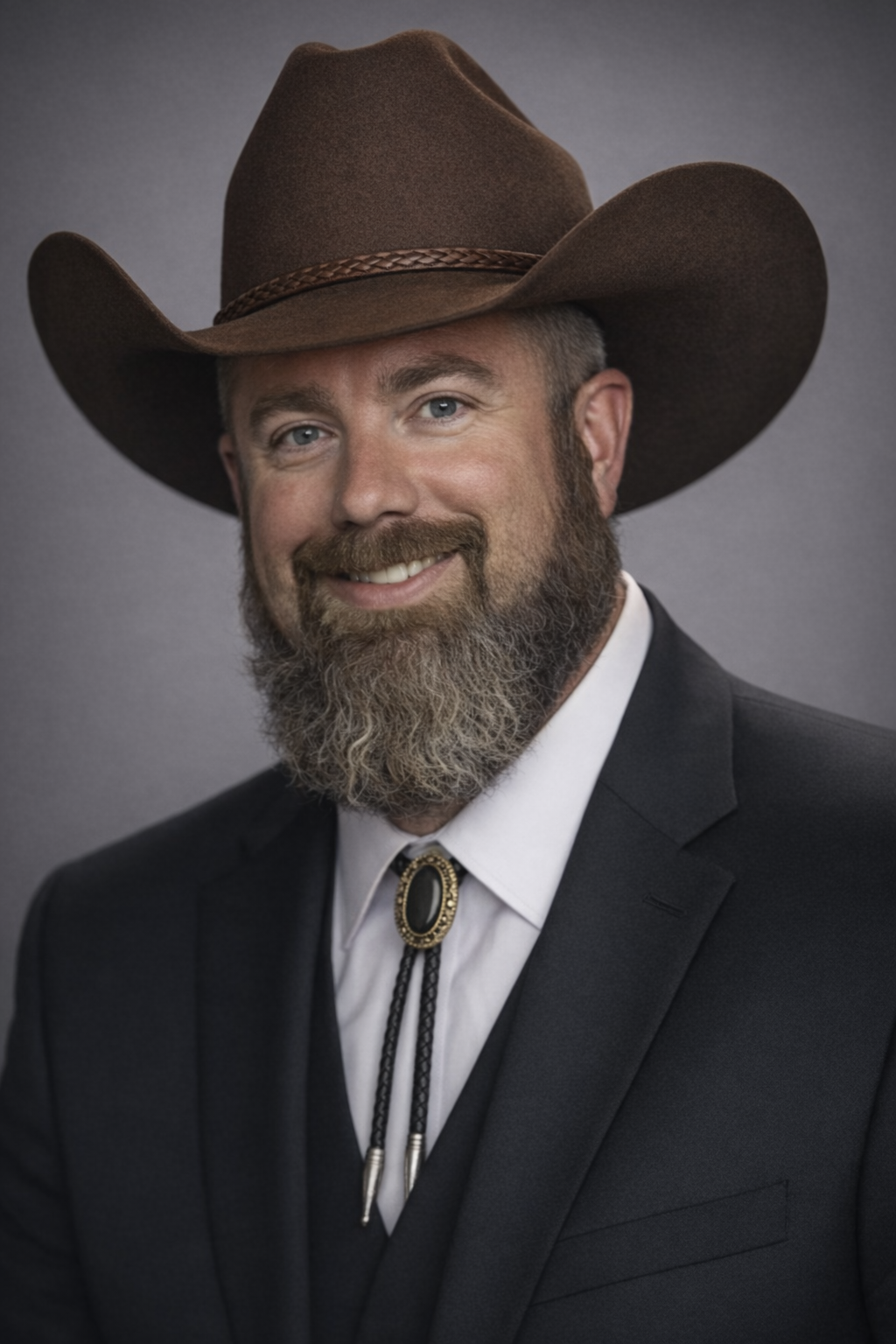 A man with a smile, wearing a brown cowboy hat, a dark suit, white shirt, and bolo tie, against a gray background.