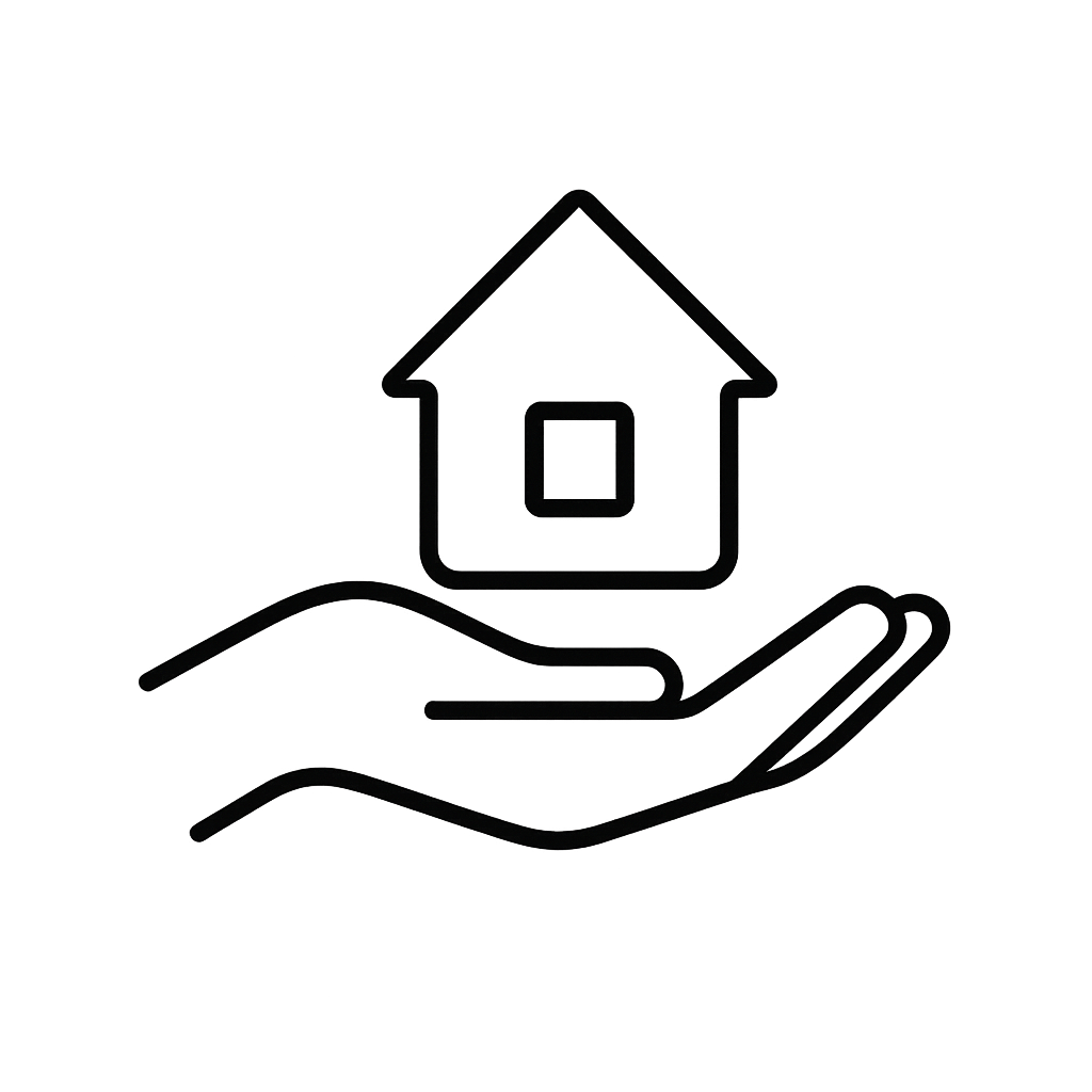 Outline icon of a hand holding a small house.