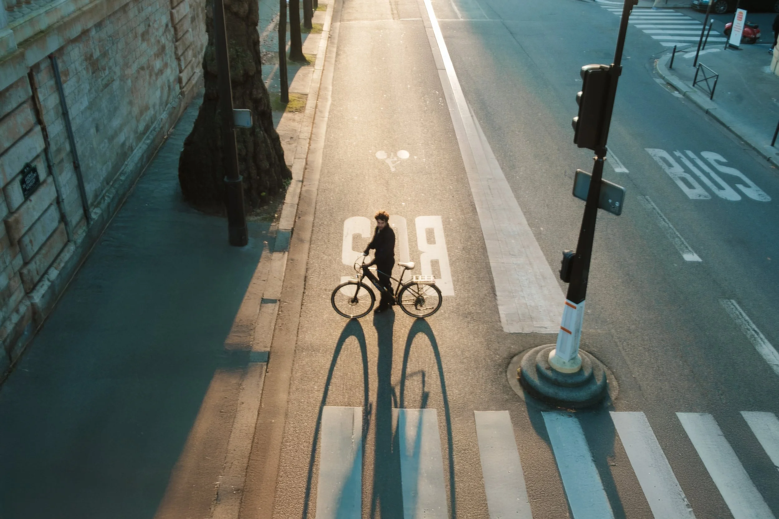 A person with curly hair wearing dark clothing stands with a bicycle on a city street crosswalk, casting a long shadow on the ground. The street has bike lanes, and there is a bus lane to the right.