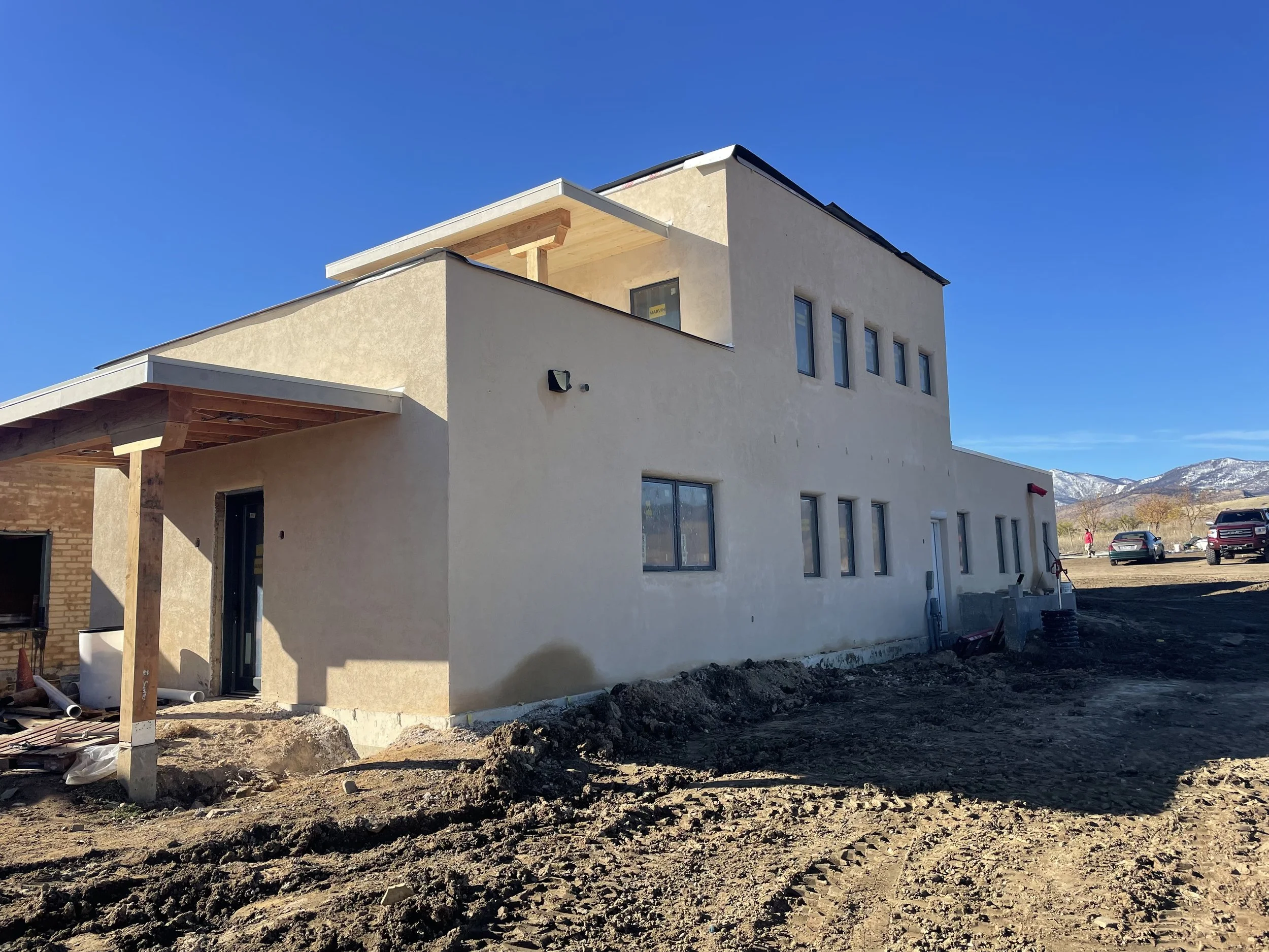This home is built using CEB’s (compressed earth blocks). These ecoBlocks utilize local earthen materials, which form the basis for creating exceptionally resilient, energy efficient, fireproof homes and buildings.