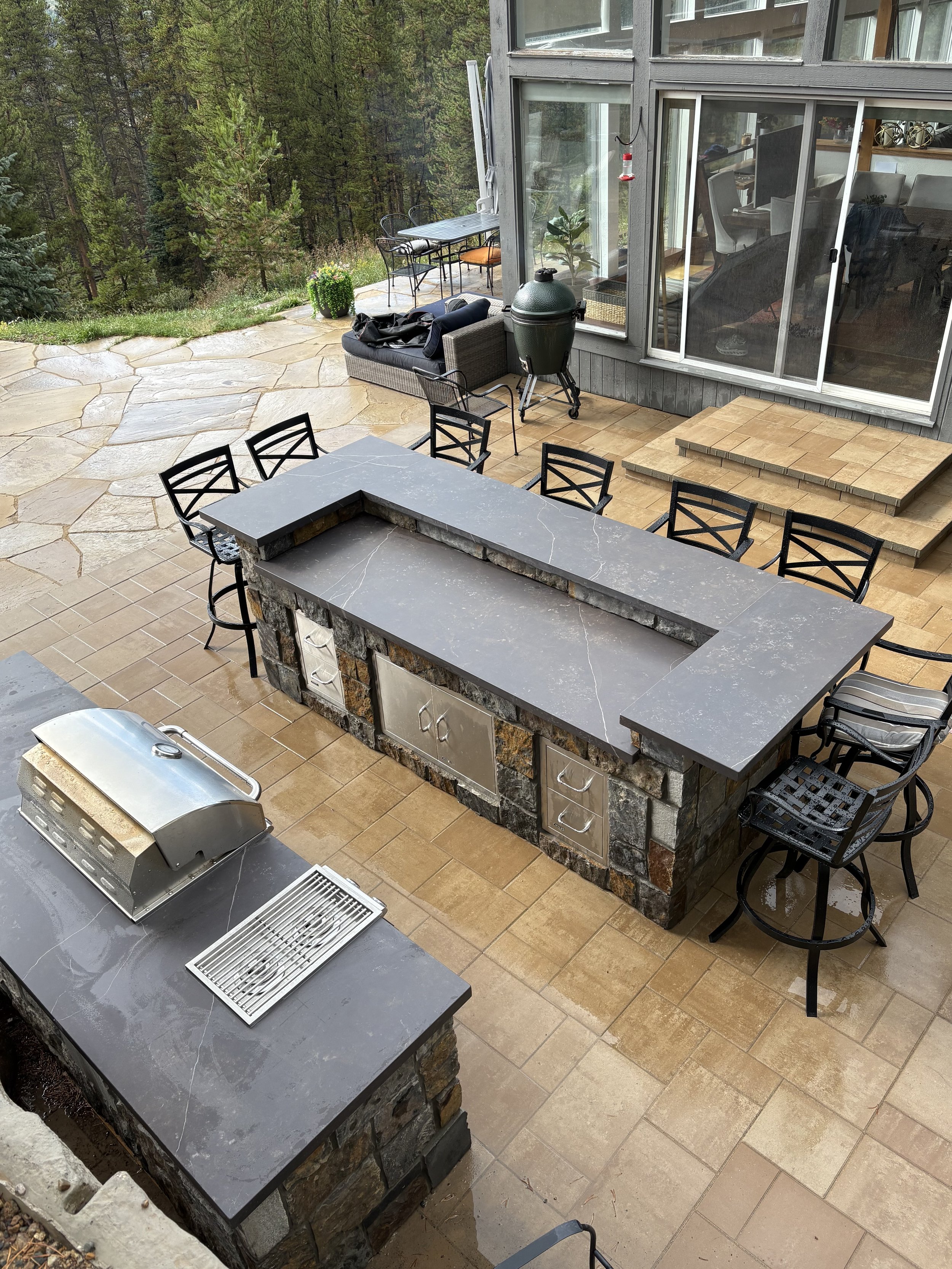 This outdoor kitchen was built using OLF (outdoor living foundation) base to build a more economical masonry based outdoor kitchen.