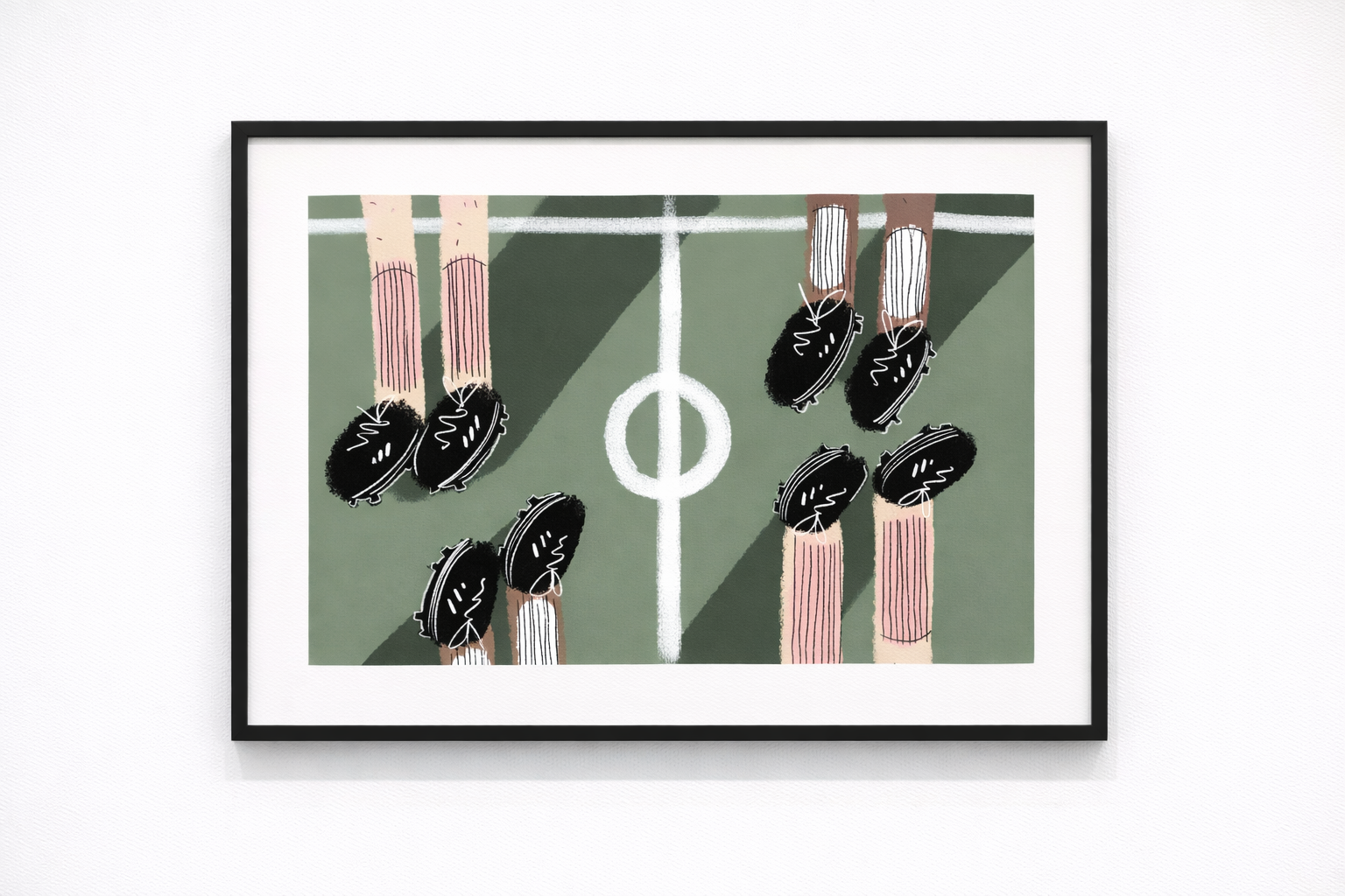 Illustration of soccer players standing on a field, viewed from above, with their heads bowed and eyes closed.