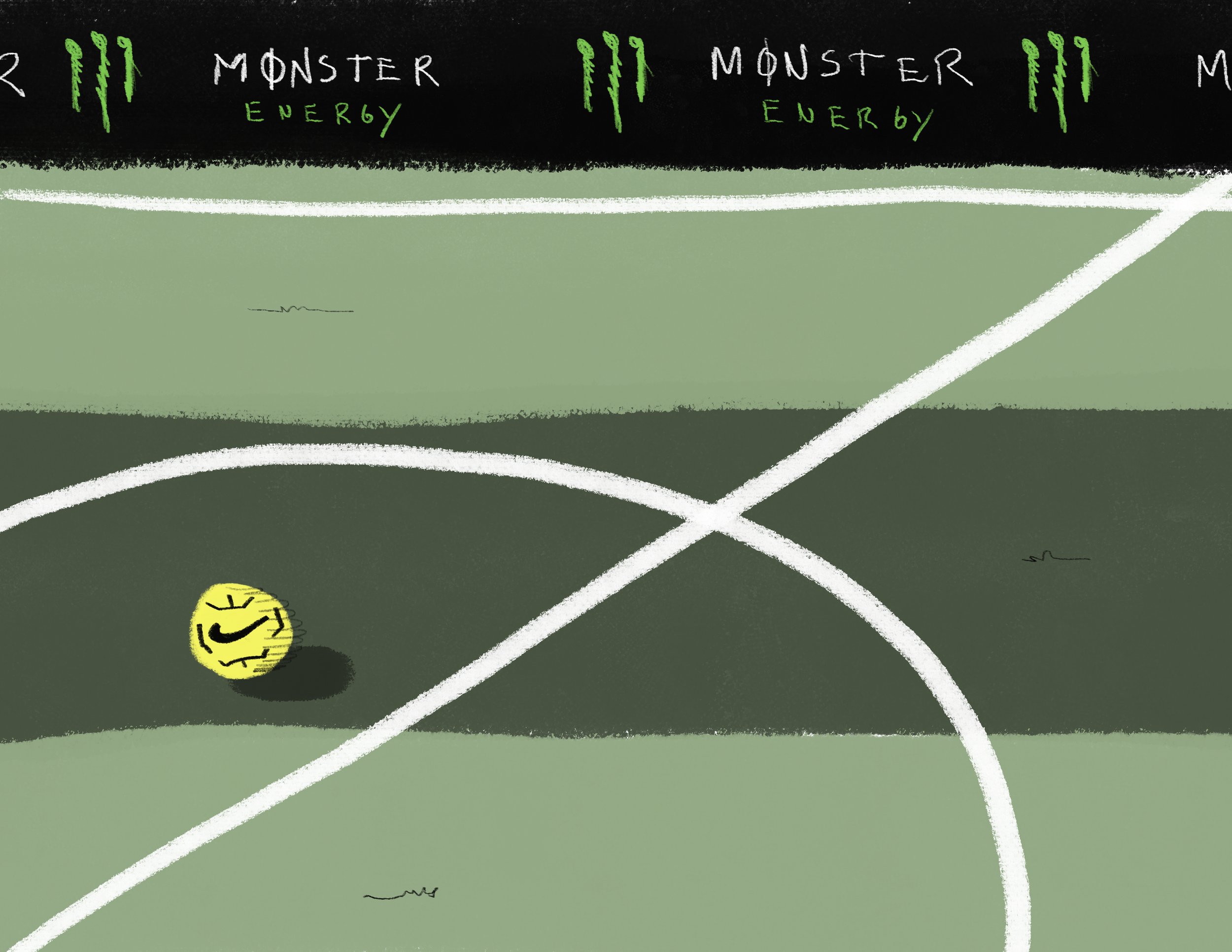 A digital illustration of a soccer field with a yellow nike soccer ball in motion, and a black banner at the top displaying the Monster Energy logo and text.