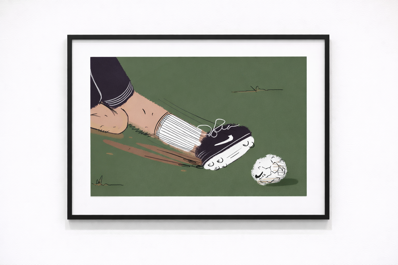 Digital illustration of a soccer player's leg in a black and white uniform, with a knee sock, kicking a worn soccer ball on a green field.