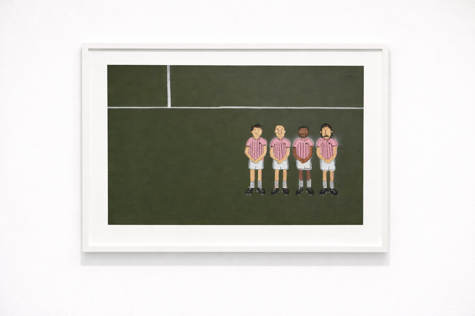 A framed illustration of four cartoon soccer players standing on a green field with white lines.