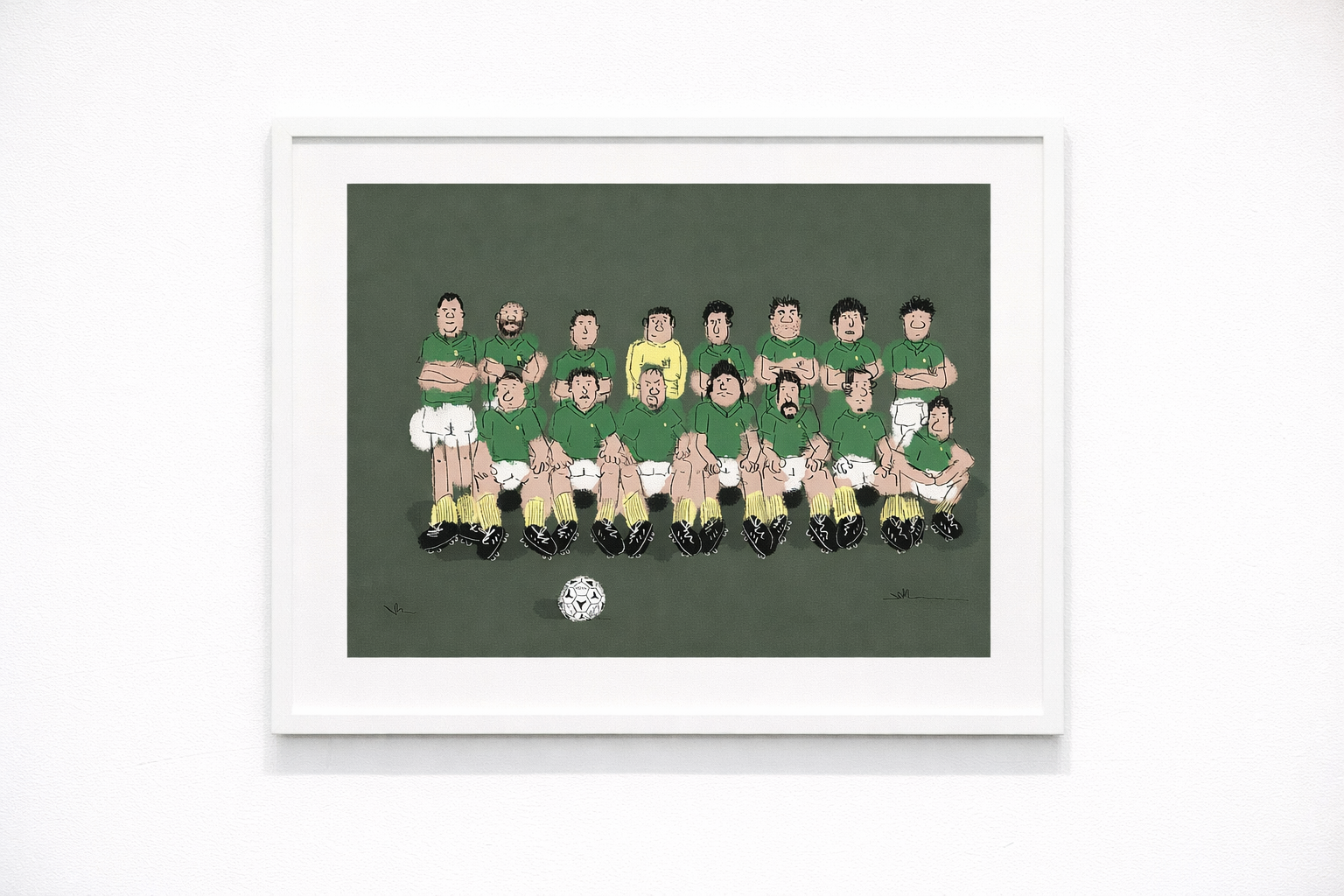 A cartoon illustration of a rugby team in green jerseys, white shorts, yellow socks, and black shoes, posed on a green field with a soccer ball in front.