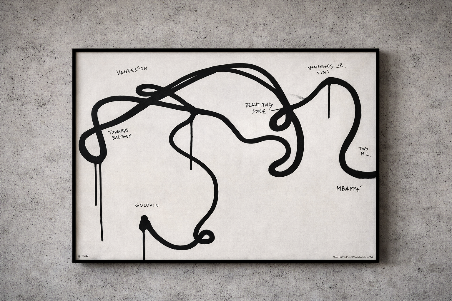 Black line drawing of a map on a white background with handwritten labels and annotations, featuring names like Vanderson, Towards Balogun, Golovin, Vino Vini Jr, Two Nil, Mbappé, and Beautifully Zone, framed on a concrete wall.