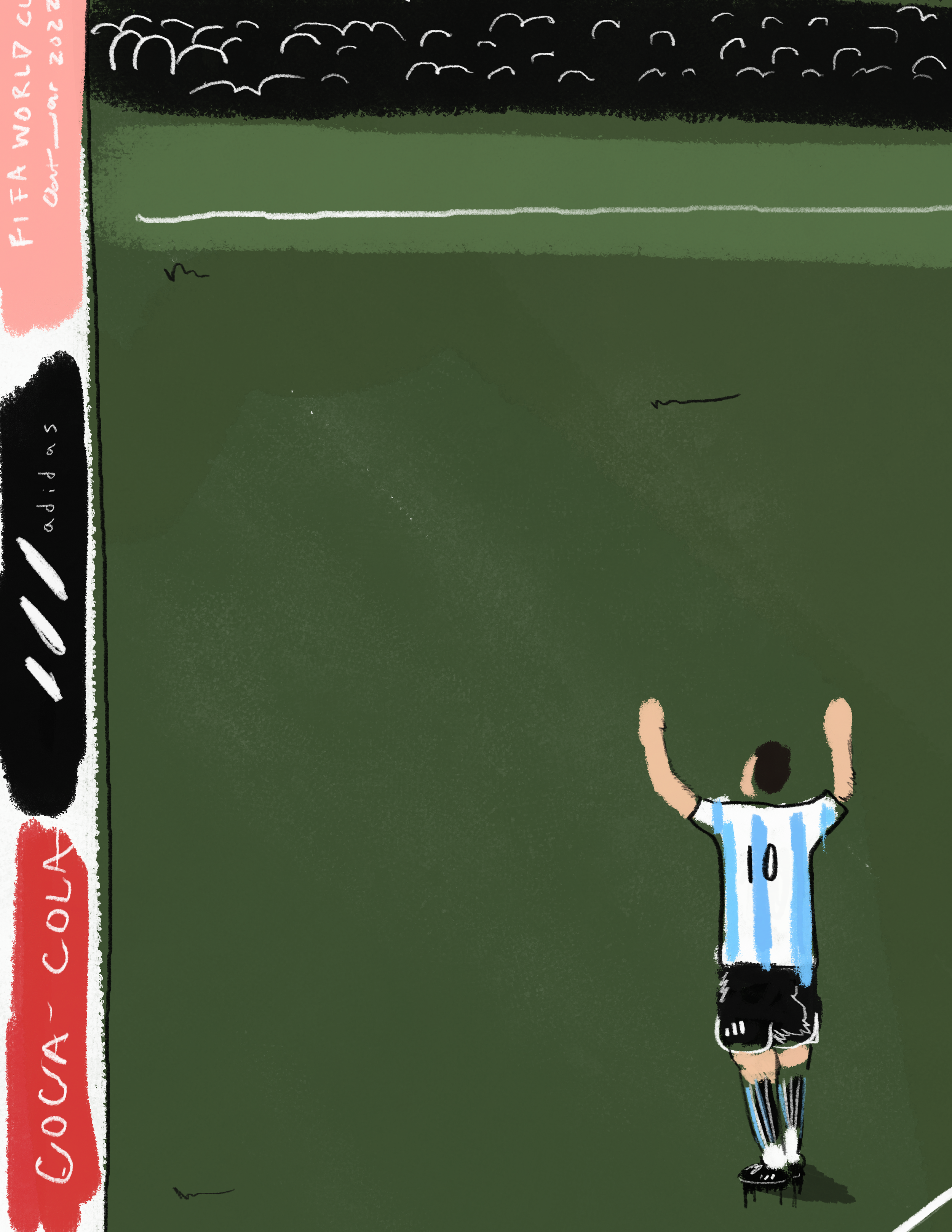 Messi wearing an Argentina soccer jersey with the number 10 celebrates a goal on the field, with arms raised. The scene is dynamic, with a green playing field and a backdrop of soccer fans in the soccer stadium