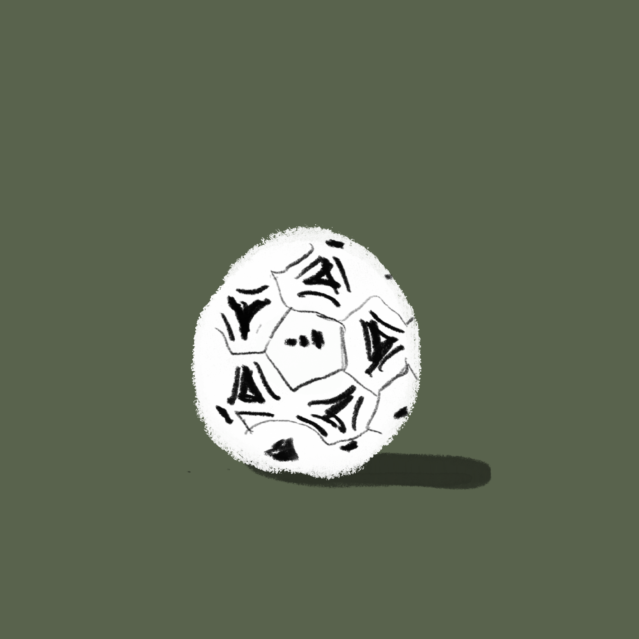 A black and white drawing of a stylized soccer ball on a green background with a shadow below it.