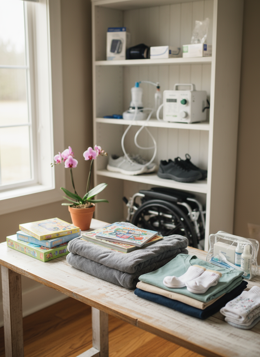 A wooden table with folded clothes, children's books, and socks, near a window with a potted pink orchid. In the background, a white shelf holds medical equipment, shoes, and a wheelchair.