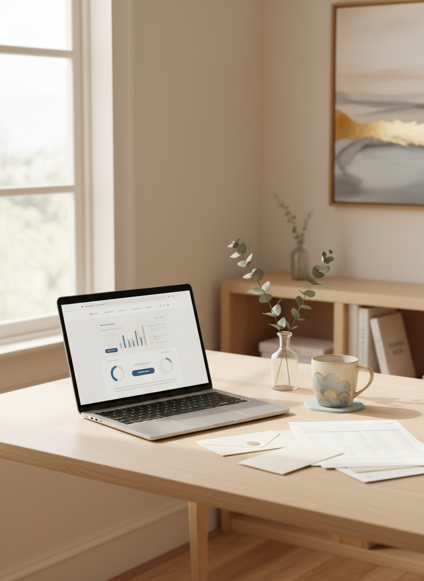 A minimalist workspace with a laptop, a mug, a vase with eucalyptus branches, and some papers on a light wooden desk in front of a window with natural light.