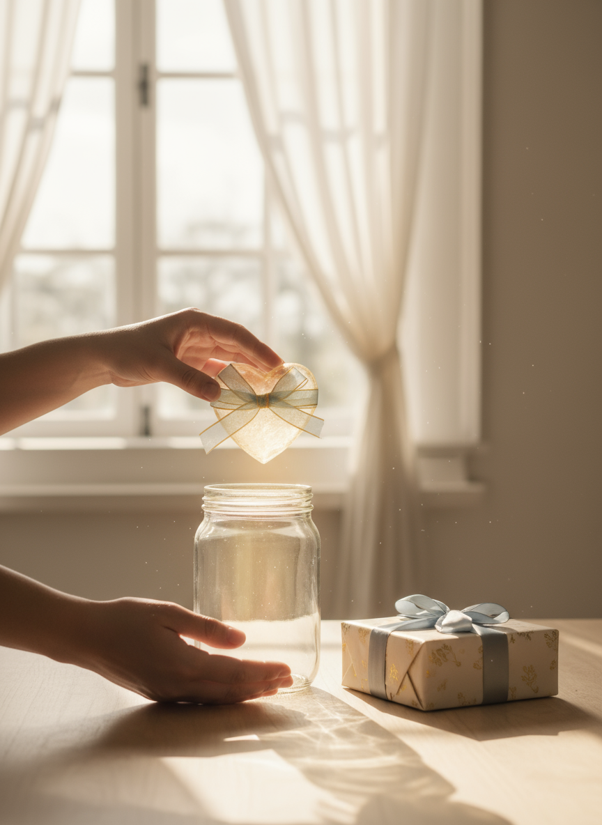 Person placing a heart-shaped gift decorated with a ribbon into a glass jar, with a wrapped present on the table nearby, in front of a window with curtains.