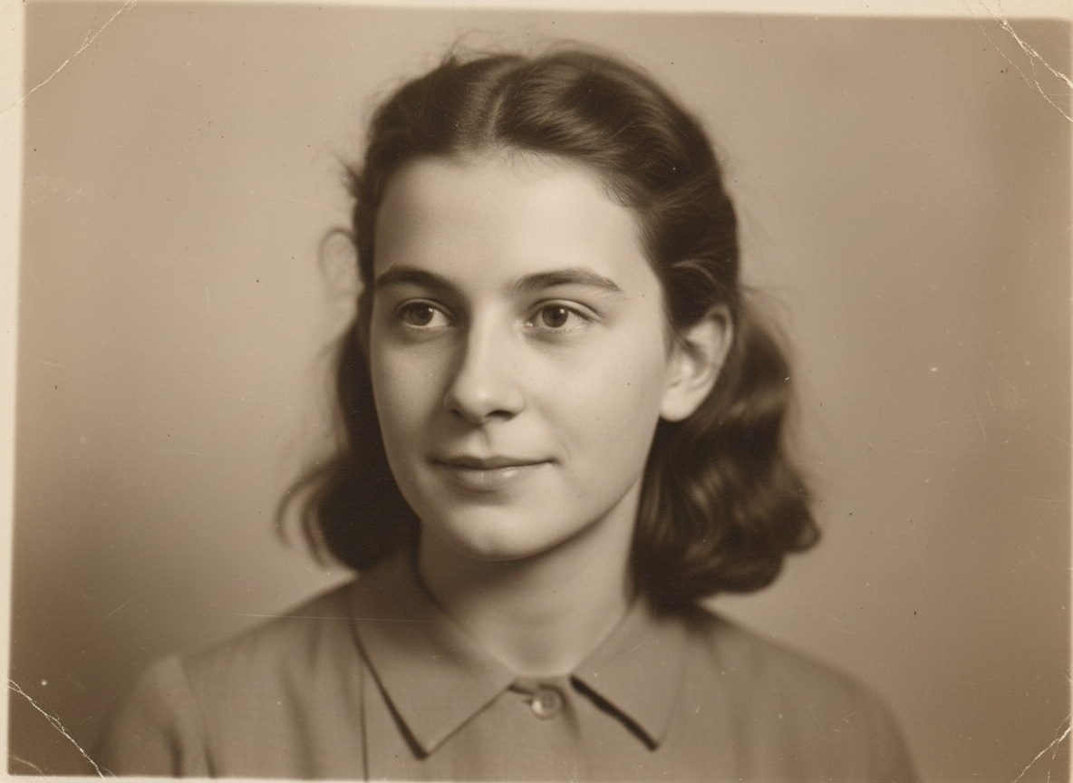 Anne Frank with wavy hair and a collared dress, looking off to the side, in a vintage black-and-white photograph.