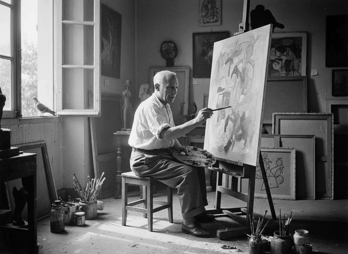 An elderly man painting on an easel inside an art studio with various paintings and art supplies around.