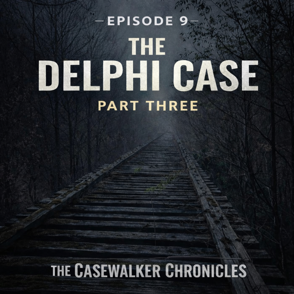 Dark and foggy forest scene with abandoned train tracks stretching into the distance. Overlaid text reads "Episode 9 The Delphi Case Part Three" with "The Casewalker Chronicles" at the bottom.