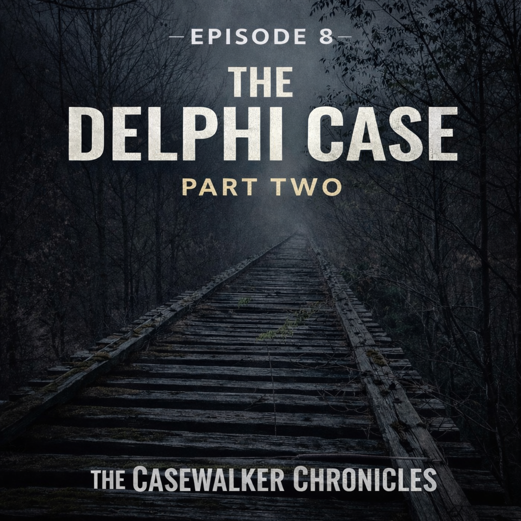 A dark, eerie image of an abandoned, overgrown railway track extending into the foggy distance through a dense, leafless forest. Text overlaid reads 'Episode 8 The Delphi Case Part Two The Casewalker Chronicles.'