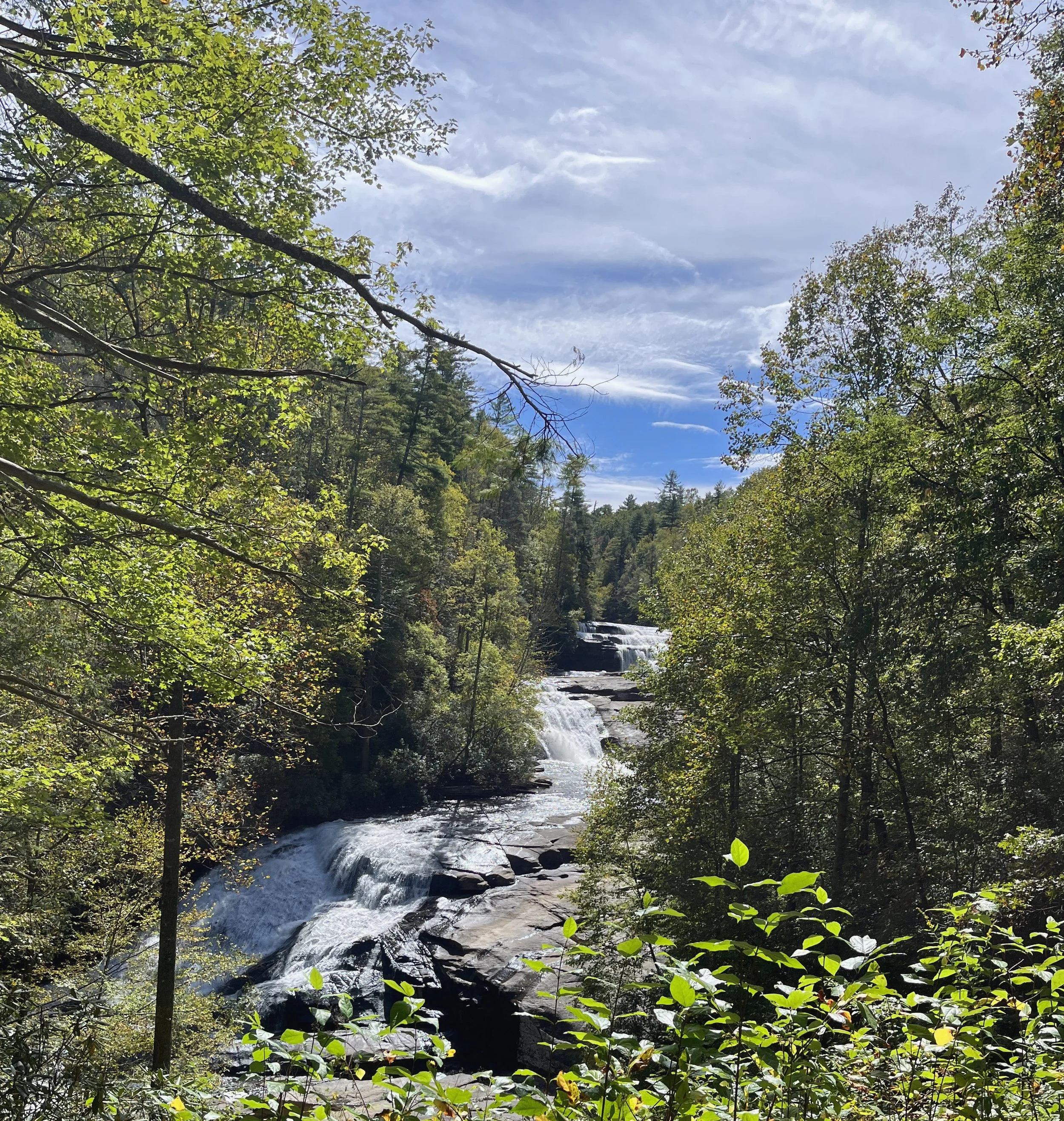 A scenic view of a waterfall flowing over rocks surrounded by lush green trees in a forest, with a blue sky and some clouds overhead.