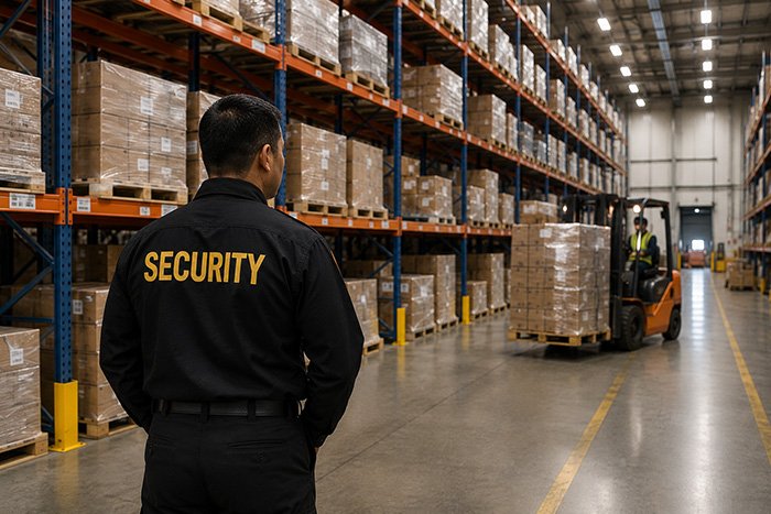 Security guard standing in warehouse observing a forklift moving pallets.