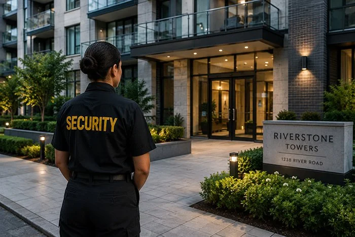 A security guard standing outside of a high end condo building