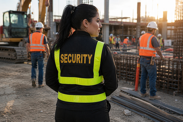 A security guard watching construction workers on a construction site.