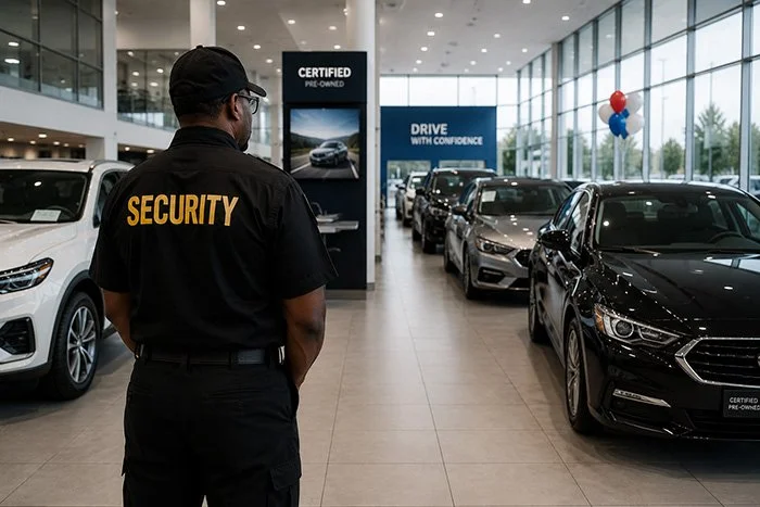 Security guard standing in a car dealership showroom with new cars on display.