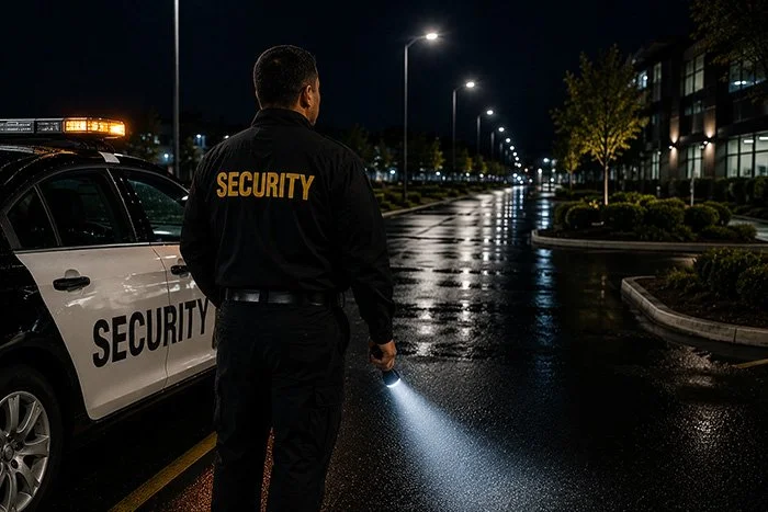 Security guard in uniform holding a flashlight, standing near a patrol car marked 'Security' in a dimly lit parking lot at night.