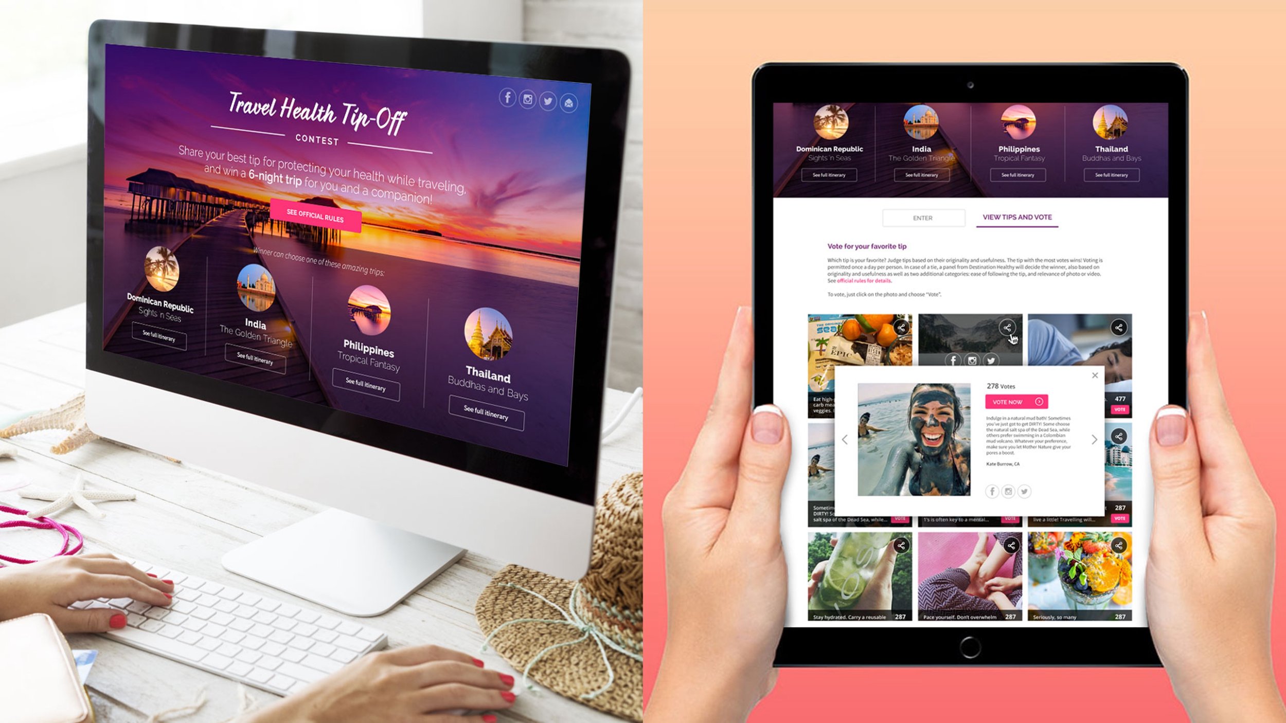 Computer screen displaying a travel health tip contest with a sunset background, and a person holding a tablet showing a poll about travel tips with various images and votes.
