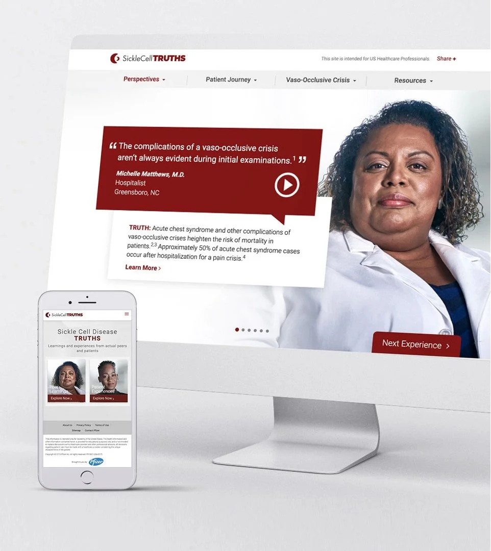 A computer screen displaying a healthcare website titled 'Sickle Cell TRUTHS' and a smartphone showing the same website. The website features a video preview and information about sickle cell disease with a woman in a white coat on the right side of the monitor.