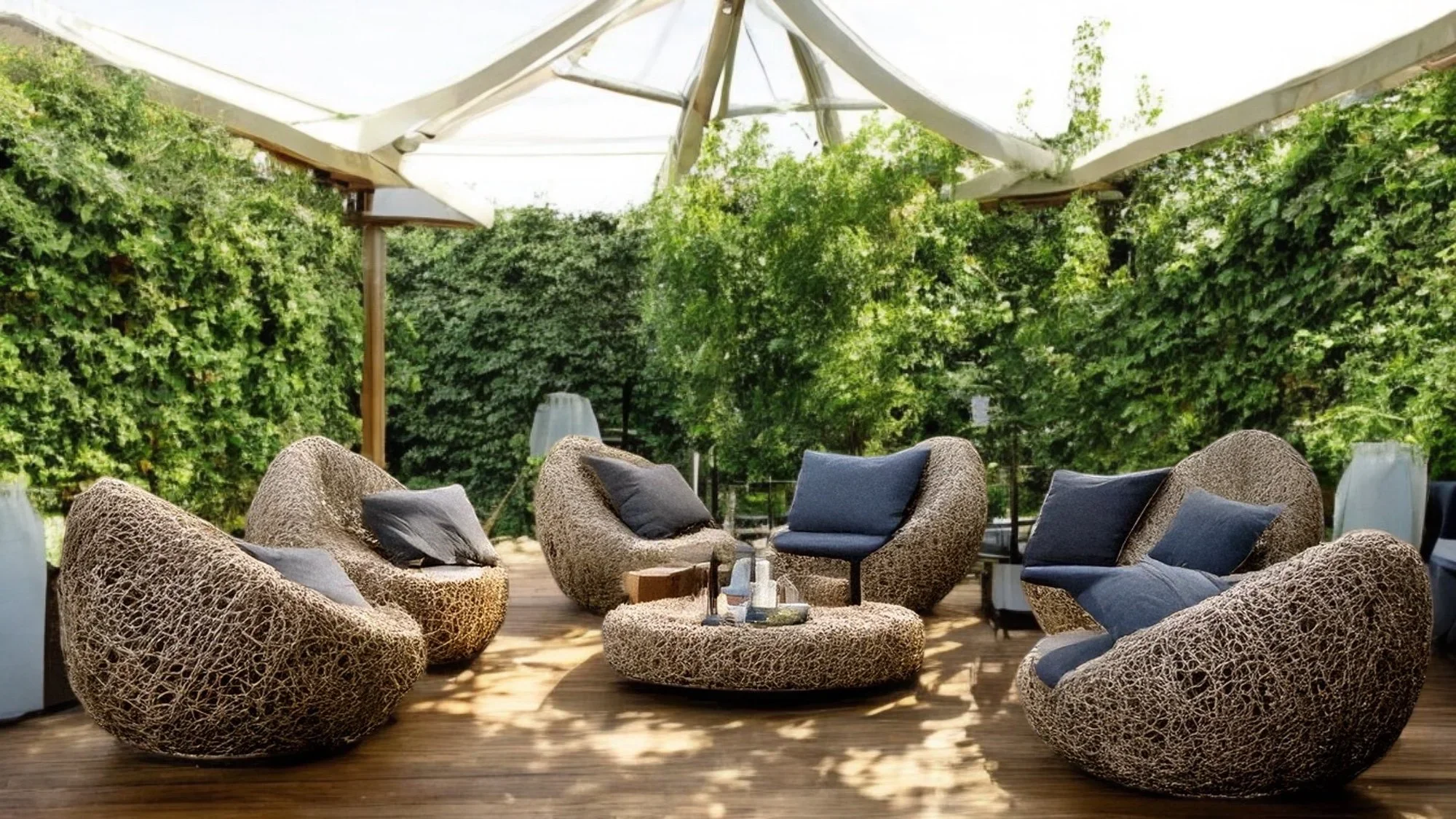Outdoor patio with rattan lounge chairs with cushions, a coffee table with drinks, and lush greenery in the background under a white canopy.