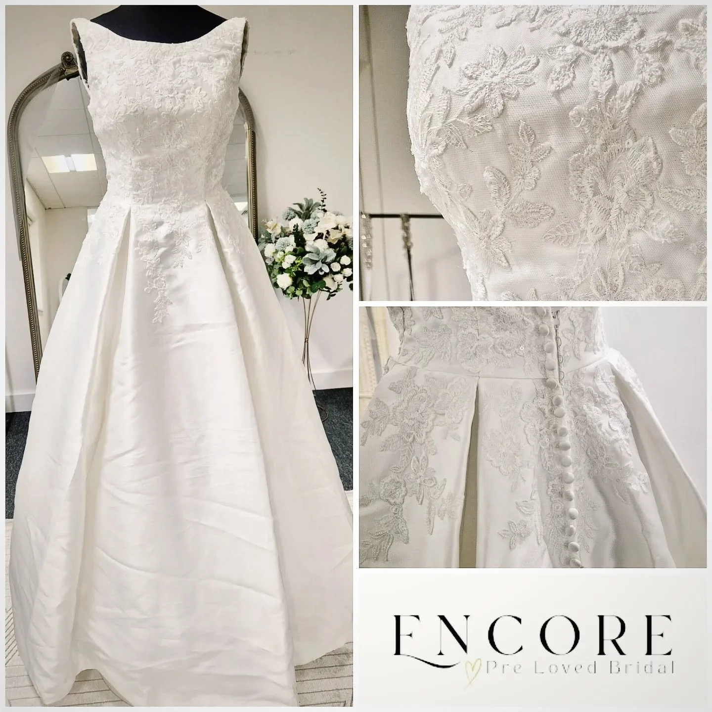 An embroidered satin bodice sweeps into a full pleated skirt. This dress has a pretty boat neck and fabric buttons on the back, all the way to the floor which adds to that gorgeous classic feel.