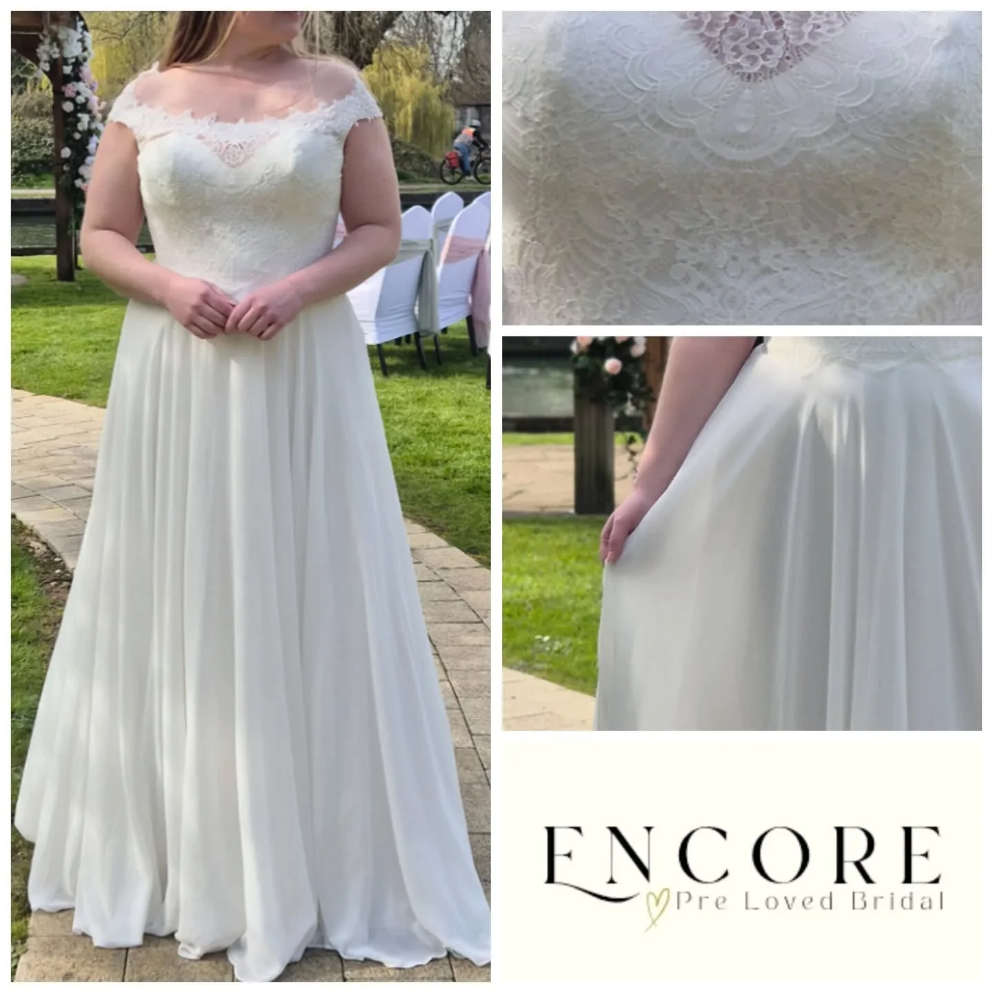 A stunning and floaty Rebecca Ingram gown. Delicate lace on top which tumbles into to a light, romantic chiffon skirt. Classic bridal beauty, this dress would be golden hour perfection

Rebecca Ingram
Size 14
&pound;450
