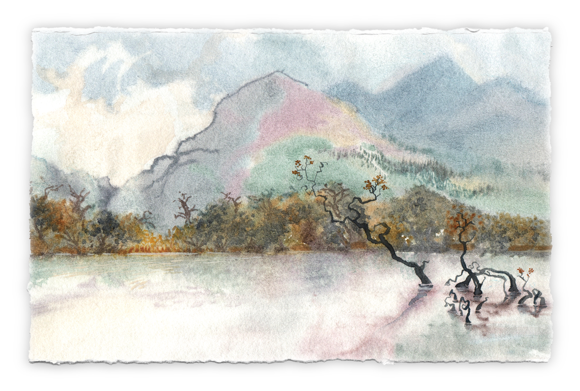 Watercolour sketch by Bastiaan Vanneylen of Lough Leane lake in Killarney with the Kerry mountains in the back and branches reflecting in the water.