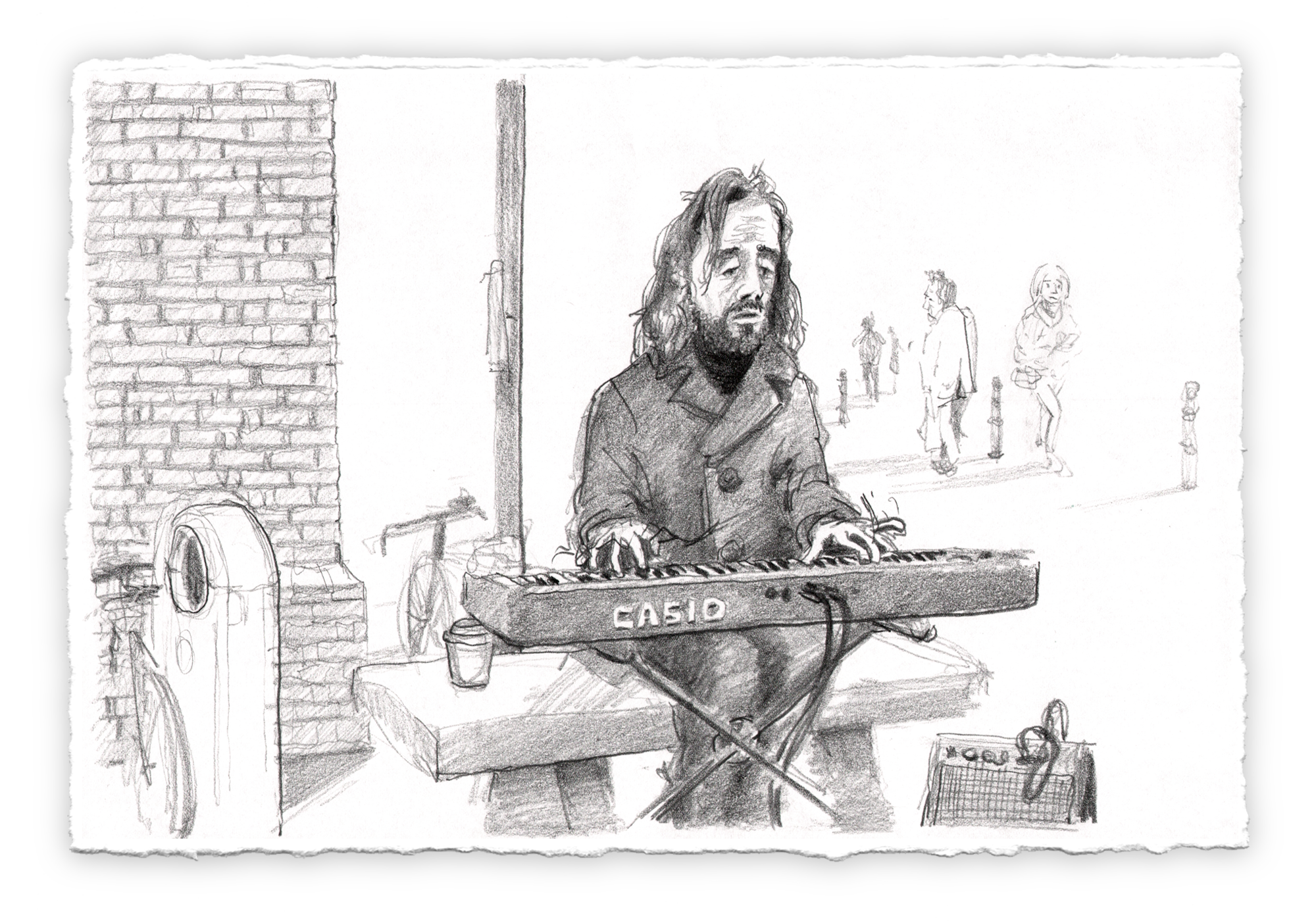 Grey pencil sketch on white paper by Bastiaan Vanneylen of a musician busking on Drury Street in Dublin playing the piano on a public bench.