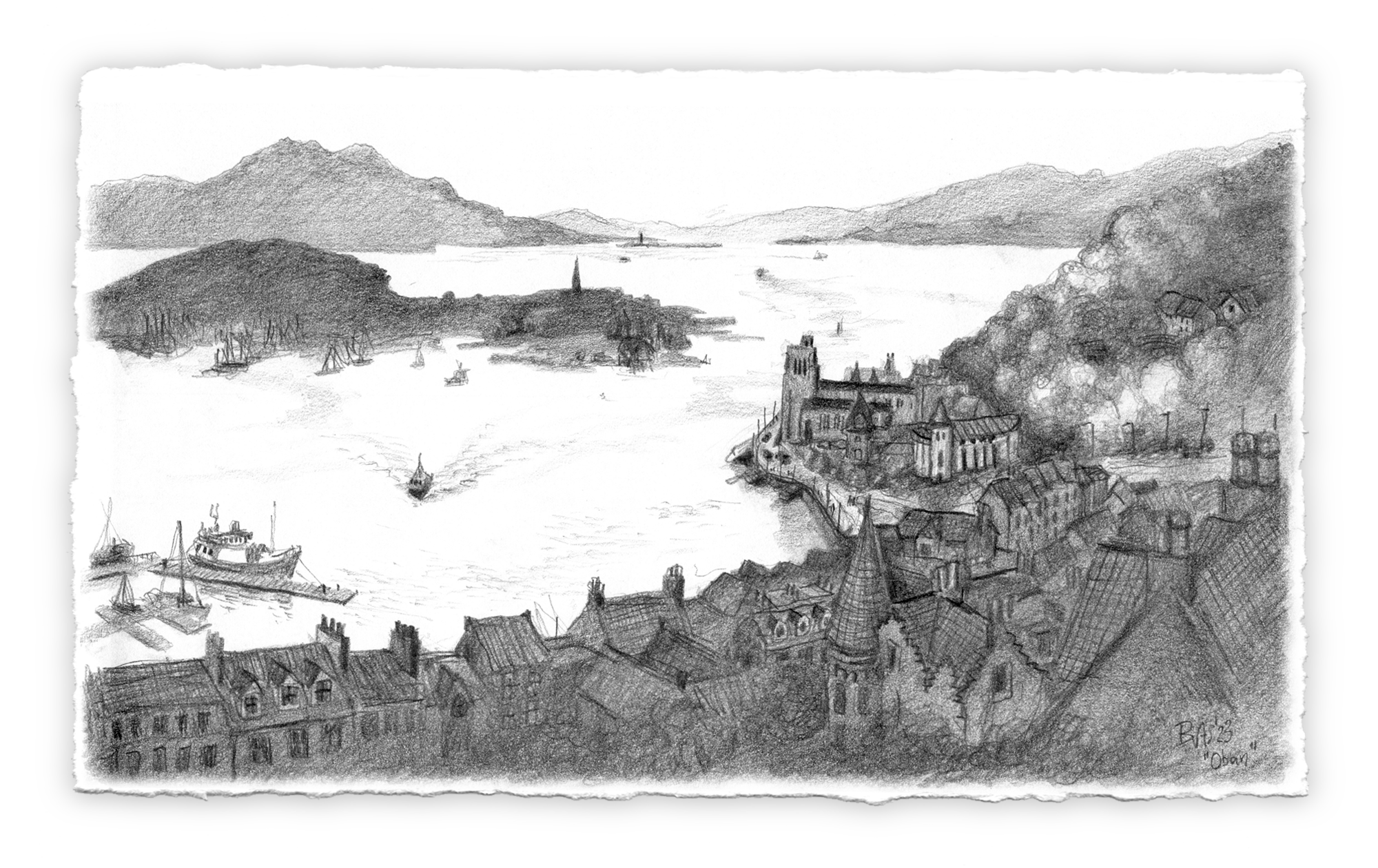 Landscape sketch drawing by Bastiaan Vanneylen showing Oban Bay in Scotland, with the church centrally positioned, seen from Battery Hill.
