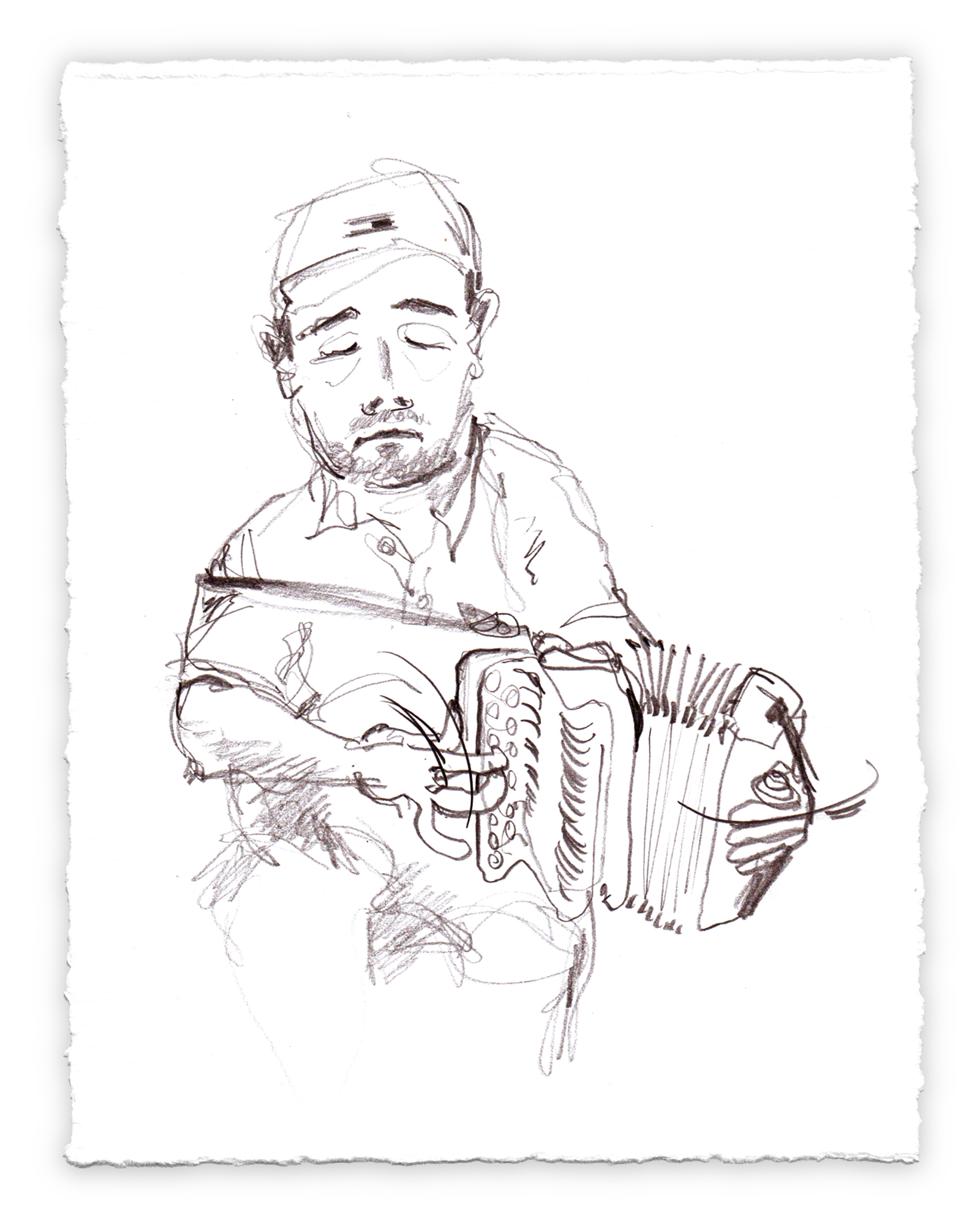 A sketch of a man with closed eyes playing the Irish button accordion, wearing a cap and a button-up shirt, playing traditional Irish folk music.