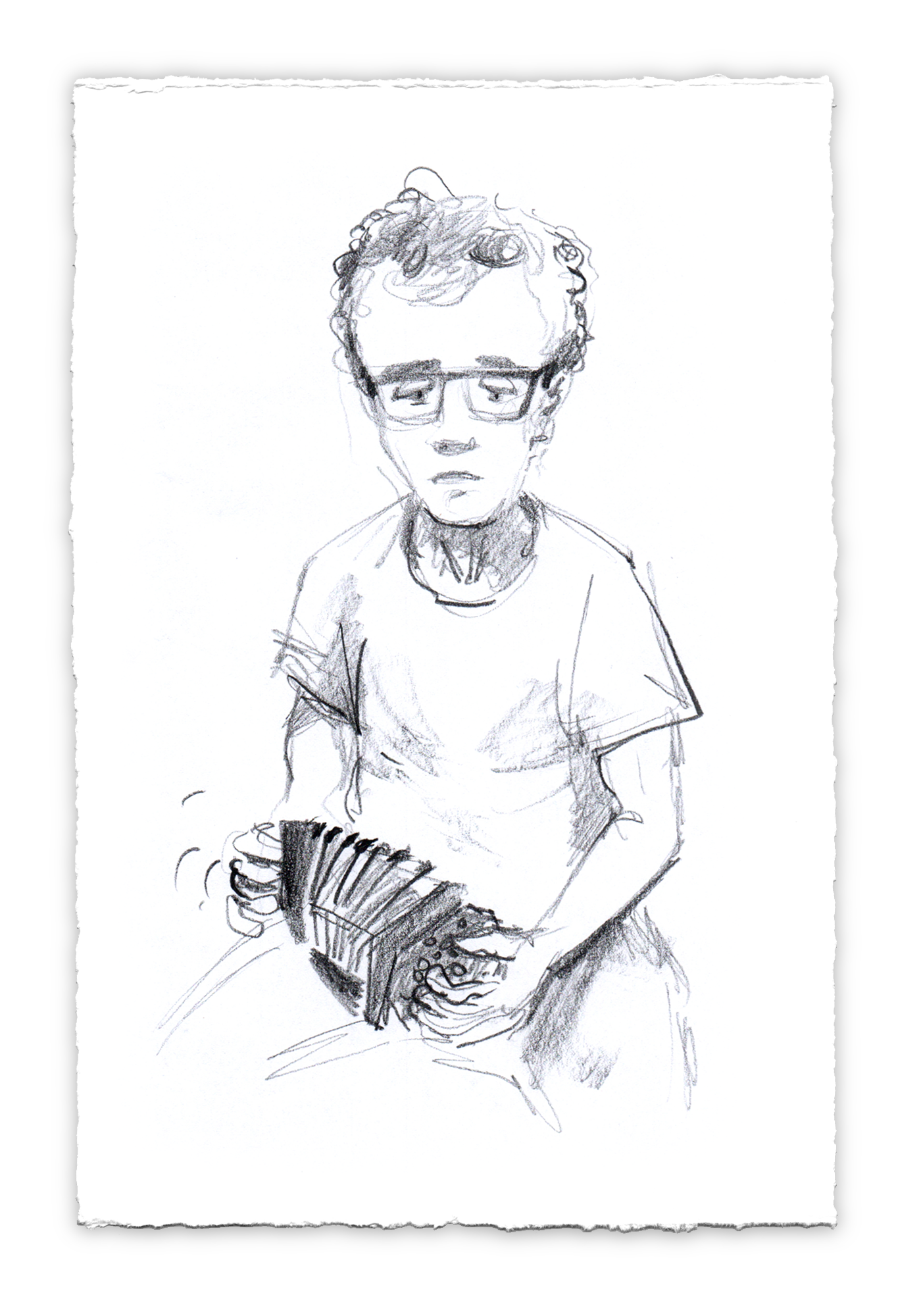 A hand-drawn sketch of a young man with glasses, curly hair, wearing a t-shirt, sitting down and holding a small concertina accordion, playing traditional Irish folk tunes.