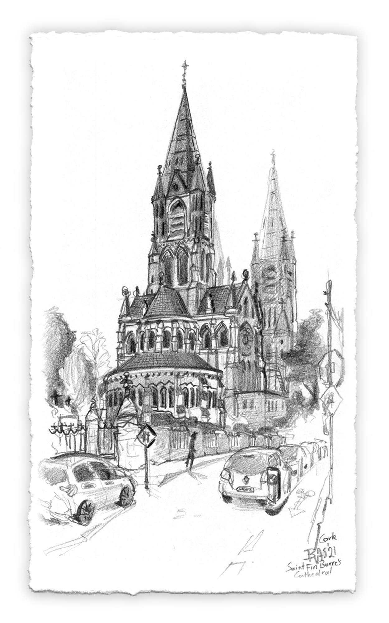 Sketch of Saint Fin Barre's Cathedral in Cork city, featuring tall steeples and gothic architecture, with parked cars and pedestrians in the foreground.