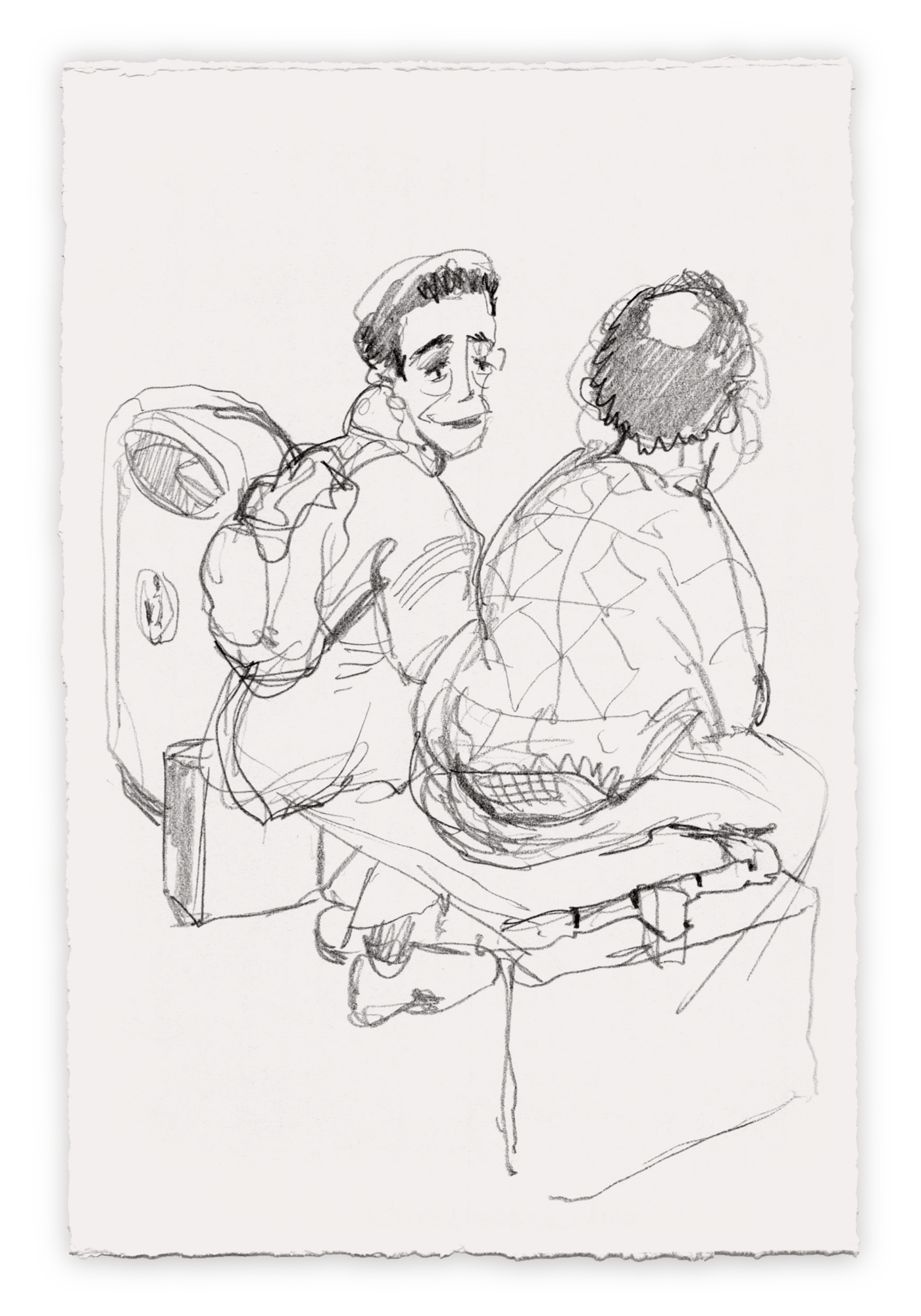 A sketch of two people sitting on a bench, with one person facing away and the other looking back and smiling.