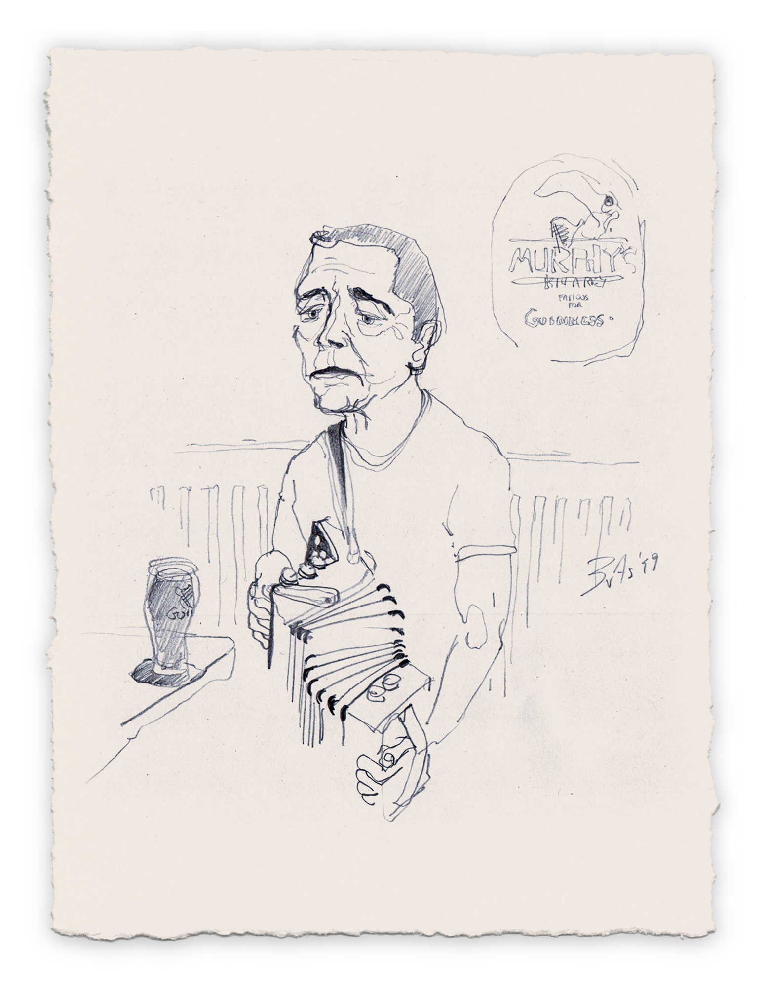 A line drawing of a man with glasses sitting at a bar, holding a drink, with a pint of beer on the bar, and a sign in the background advertising 'Murphy's’ beer, playing traditional Irish music.