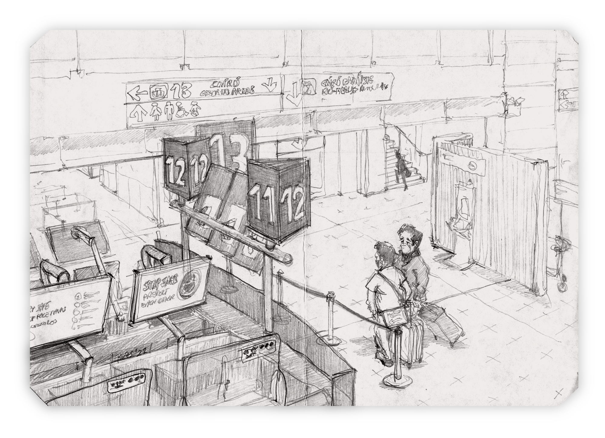 Live sketch drawing by Bastiaan Vanneylen showing the Departures hall and luggage drop-off at Dublin Airport during the pandemic in 2021.