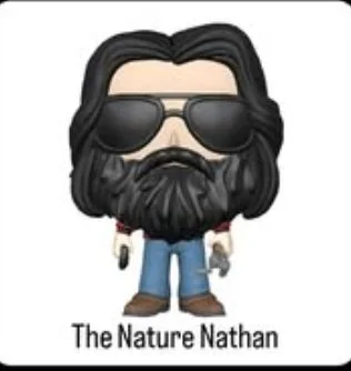 A cartoon figure resembling the character from 'The Nature Nathan' with long black hair, sunglasses, a beard, and holding a white object in each hand, with the text 'The Nature Nathan' below.