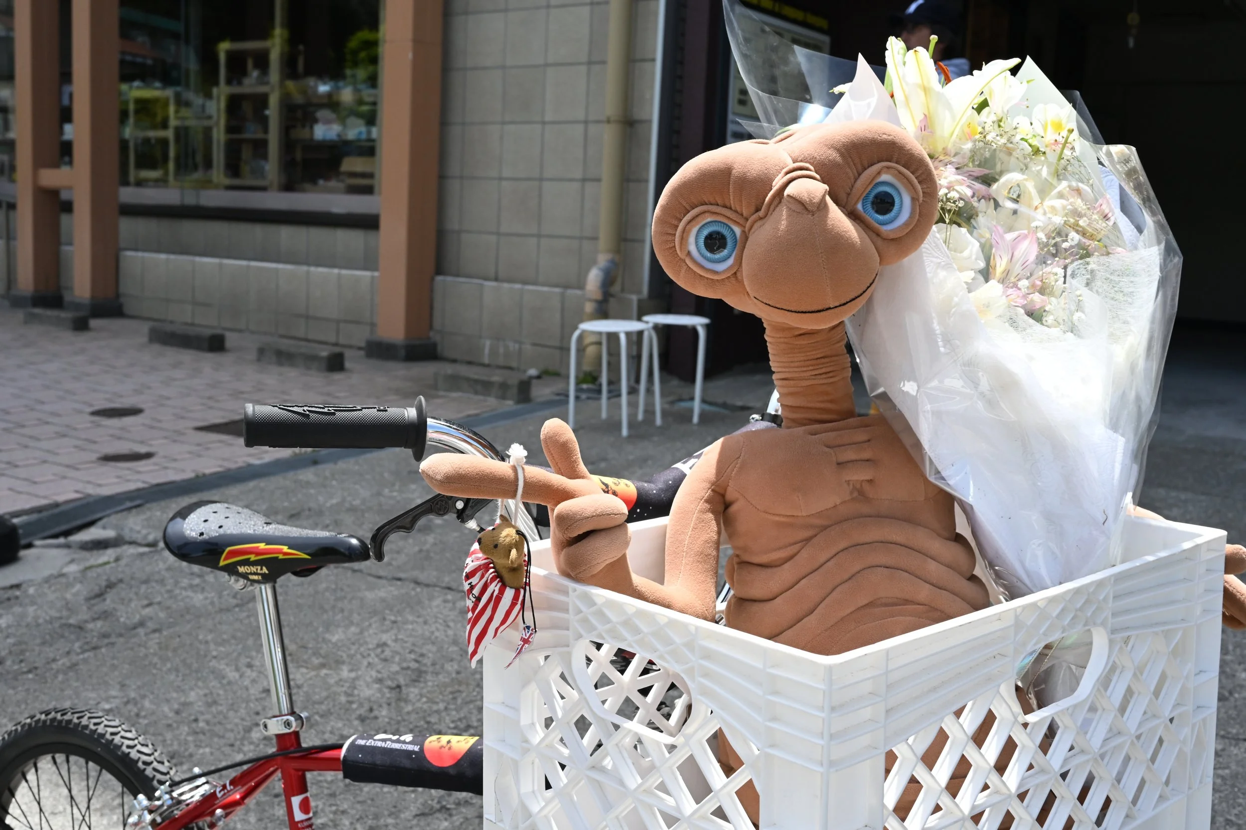A plush toy of E.T., the alien from the movie, sitting in a white shopping basket attached to a small red bicycle, with a bouquet of flowers. The scene is outdoors in front of a building with a sidewalk.