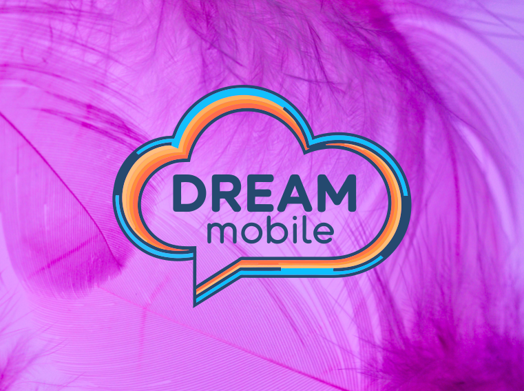 Logo with the text 'DREAM mobile' inside a multi-colored cloud outline on a purple feathered background.