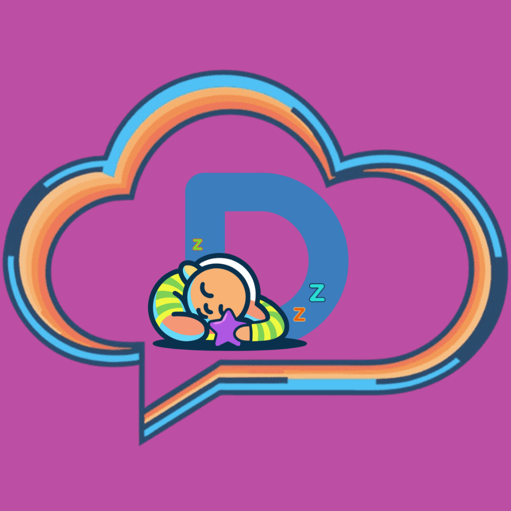 A cartoon illustration of a sleeping bear inside a large blue letter D, surrounded by a rainbow-colored chat bubble outline on a purple background.